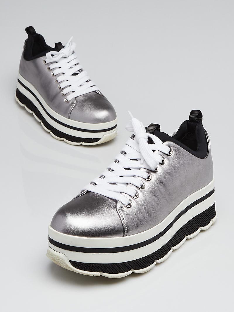 Prada Mirror Metallic Silver Leather Platform Lace-up Brogues Sneakers Size  35 - $306 New With Tags - From Paola